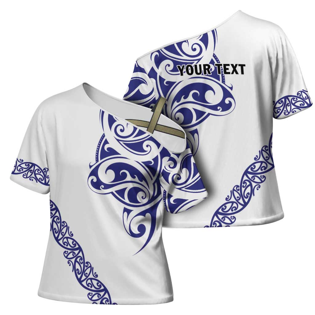 All White Maori Tribal Tattoo Personalised Cross Shoulder Shirt Dark Blue Polynesian Style - Polynesian Pride