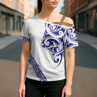 All White Maori Tribal Tattoo Personalised Cross Shoulder Shirt Dark Blue Polynesian Style - Polynesian Pride