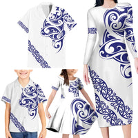 All White Maori Tribal Tattoo Personalised Family Matching Long Sleeve Bodycon Dress and Hawaiian Shirt Dark Blue Polynesian Style LT9 - Polynesian Pride