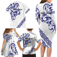 All White Maori Tribal Tattoo Personalised Family Matching Long Sleeve Bodycon Dress and Hawaiian Shirt Dark Blue Polynesian Style LT9 - Polynesian Pride