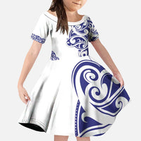 All White Maori Tribal Tattoo Personalised Family Matching Mermaid Dress and Hawaiian Shirt Dark Blue Polynesian Style LT9 Daughter's Dress Blue - Polynesian Pride