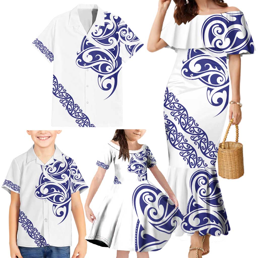 All White Maori Tribal Tattoo Personalised Family Matching Mermaid Dress and Hawaiian Shirt Dark Blue Polynesian Style LT9 - Polynesian Pride