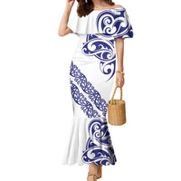 All White Maori Tribal Tattoo Personalised Family Matching Mermaid Dress and Hawaiian Shirt Dark Blue Polynesian Style LT9 Mom's Dress Blue - Polynesian Pride