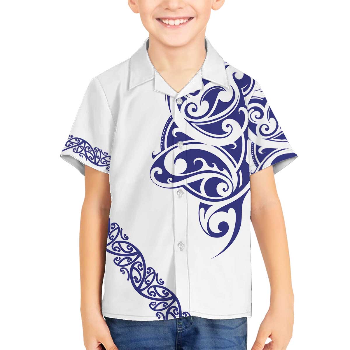 All White Maori Tribal Tattoo Personalised Family Matching Off The Shoulder Long Sleeve Dress and Hawaiian Shirt Dark Blue Polynesian Style - Polynesian Pride