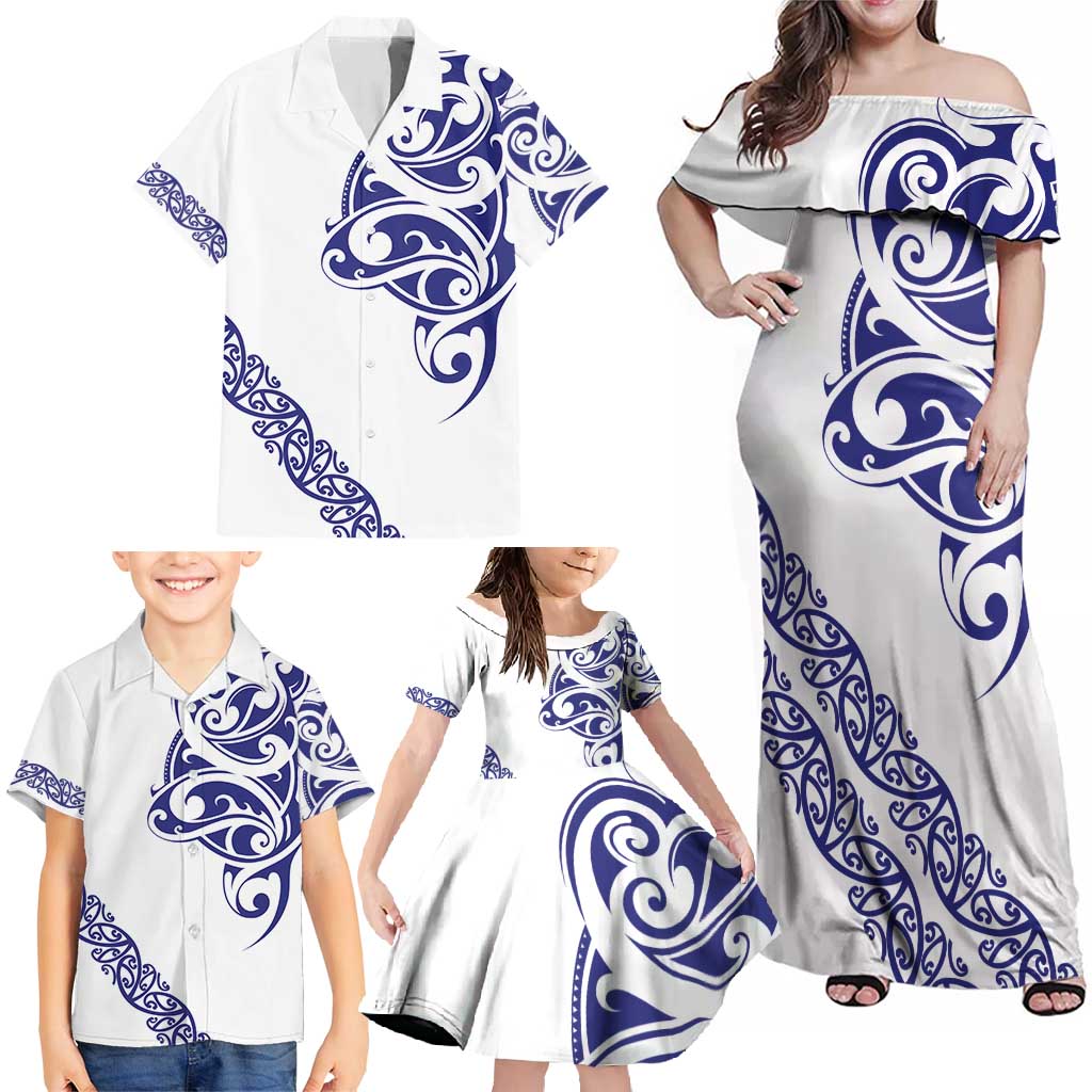 All White Maori Tribal Tattoo Personalised Family Matching Off Shoulder Maxi Dress and Hawaiian Shirt Dark Blue Polynesian Style LT9 - Polynesian Pride