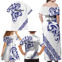 All White Maori Tribal Tattoo Personalised Family Matching Off Shoulder Maxi Dress and Hawaiian Shirt Dark Blue Polynesian Style LT9 - Polynesian Pride