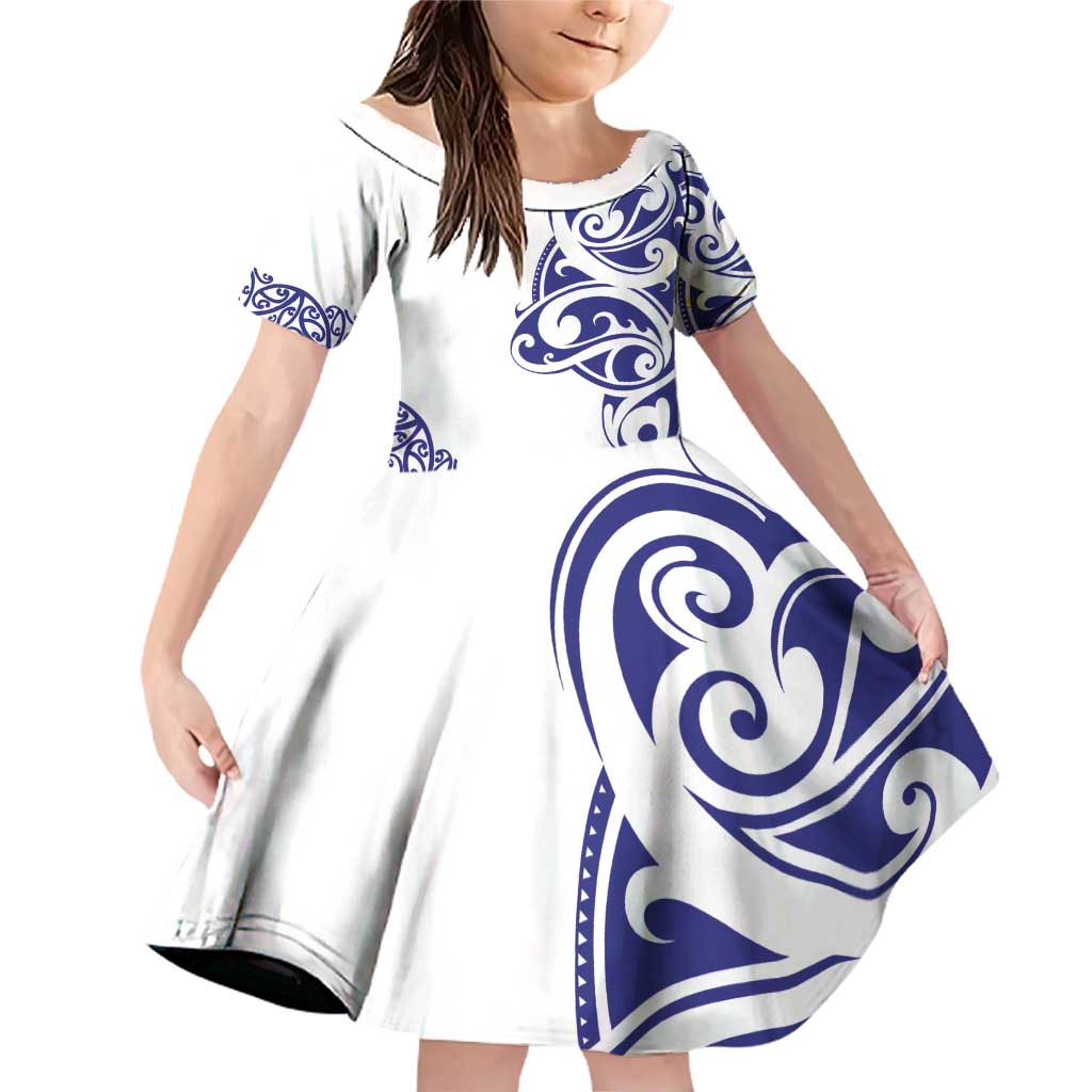All White Maori Tribal Tattoo Personalised Family Matching Off Shoulder Short Dress and Hawaiian Shirt Dark Blue Polynesian Style LT9 Daughter's Dress Blue - Polynesian Pride