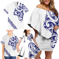All White Maori Tribal Tattoo Personalised Family Matching Off Shoulder Short Dress and Hawaiian Shirt Dark Blue Polynesian Style LT9 - Polynesian Pride
