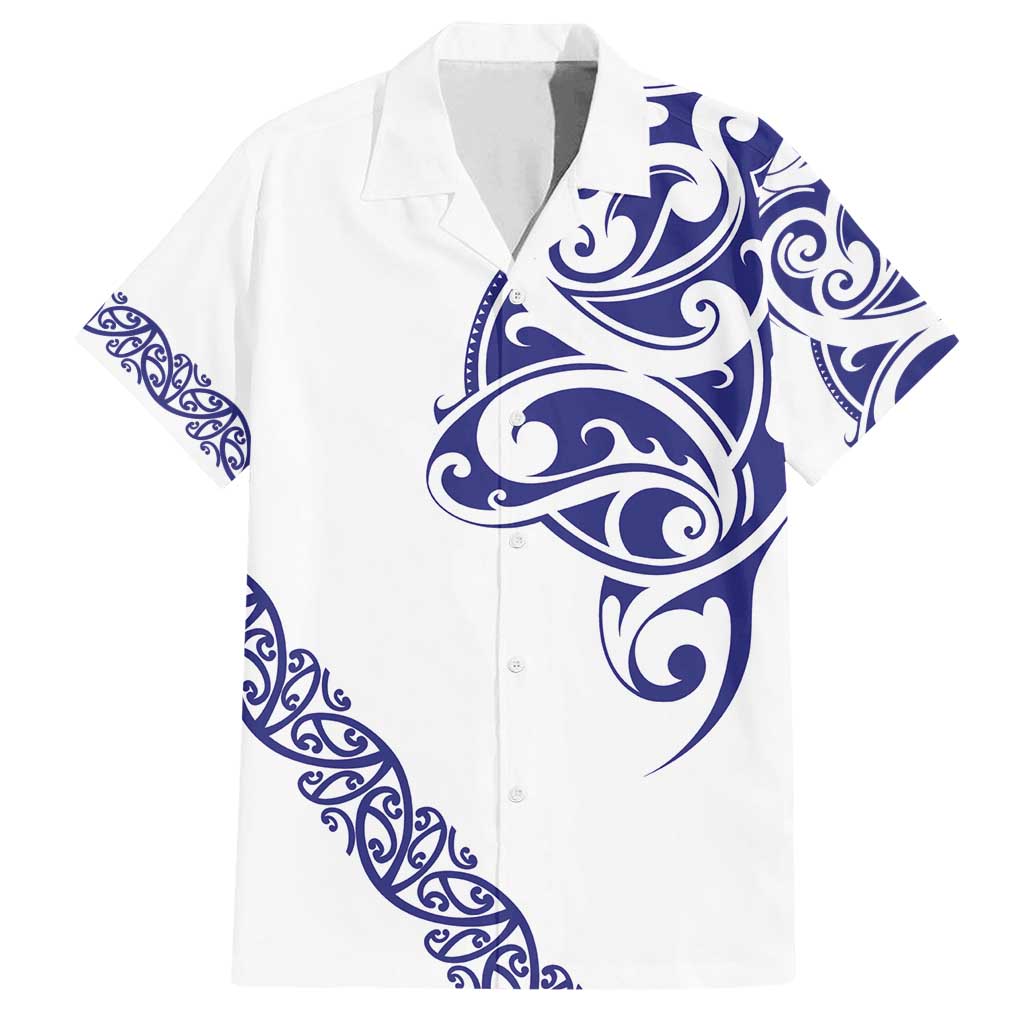 All White Maori Tribal Tattoo Personalised Family Matching Off Shoulder Short Dress and Hawaiian Shirt Dark Blue Polynesian Style LT9 Dad's Shirt - Short Sleeve Blue - Polynesian Pride