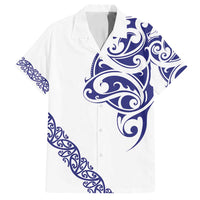All White Maori Tribal Tattoo Personalised Family Matching Off Shoulder Short Dress and Hawaiian Shirt Dark Blue Polynesian Style LT9 Dad's Shirt - Short Sleeve Blue - Polynesian Pride