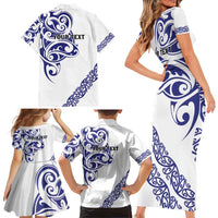 All White Maori Tribal Tattoo Personalised Family Matching Short Sleeve Bodycon Dress and Hawaiian Shirt Dark Blue Polynesian Style LT9 - Polynesian Pride