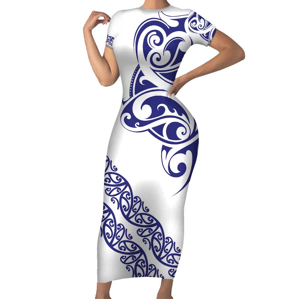 All White Maori Tribal Tattoo Personalised Family Matching Short Sleeve Bodycon Dress and Hawaiian Shirt Dark Blue Polynesian Style LT9 Mom's Dress Blue - Polynesian Pride