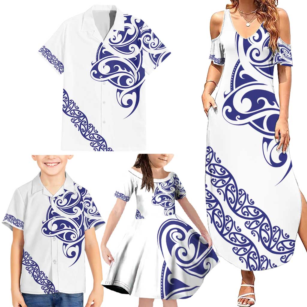 All White Maori Tribal Tattoo Personalised Family Matching Summer Maxi Dress and Hawaiian Shirt Dark Blue Polynesian Style - Polynesian Pride