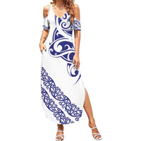 All White Maori Tribal Tattoo Personalised Family Matching Summer Maxi Dress and Hawaiian Shirt Dark Blue Polynesian Style LT9 Mom's Dress Blue - Polynesian Pride