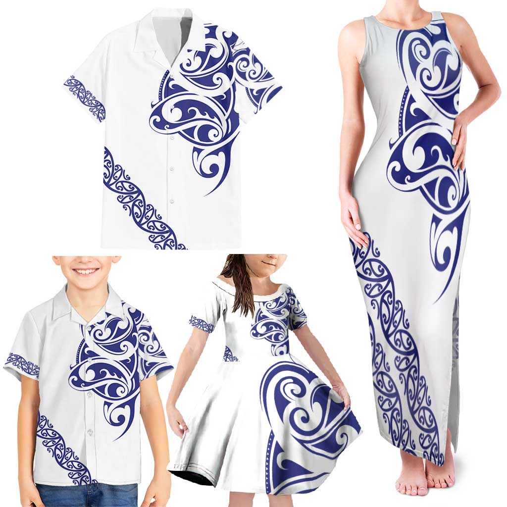 All White Maori Tribal Tattoo Personalised Family Matching Tank Maxi Dress and Hawaiian Shirt Dark Blue Polynesian Style LT9 - Polynesian Pride
