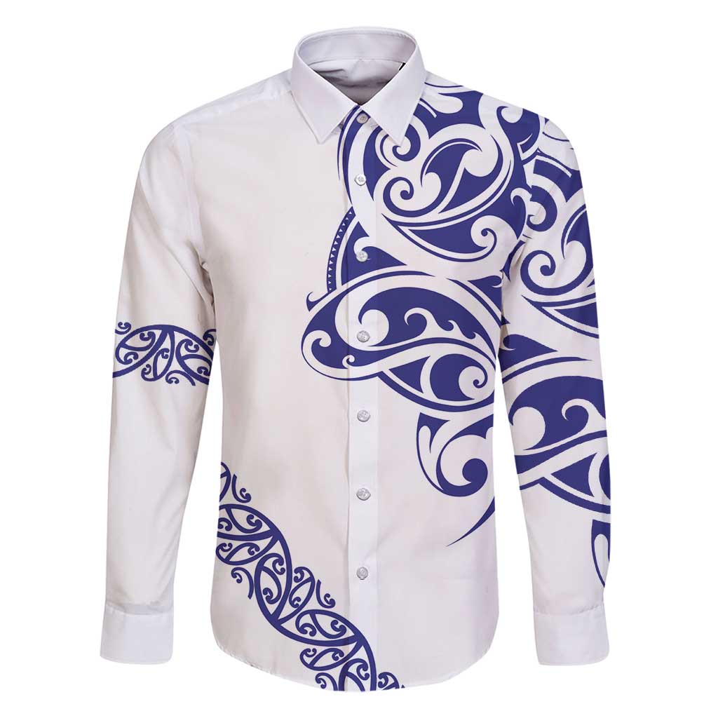 All White Maori Tribal Tattoo Personalised Family Matching Tank Maxi Dress and Hawaiian Shirt Dark Blue Polynesian Style LT9 Dad's Shirt - Long Sleeve Blue - Polynesian Pride