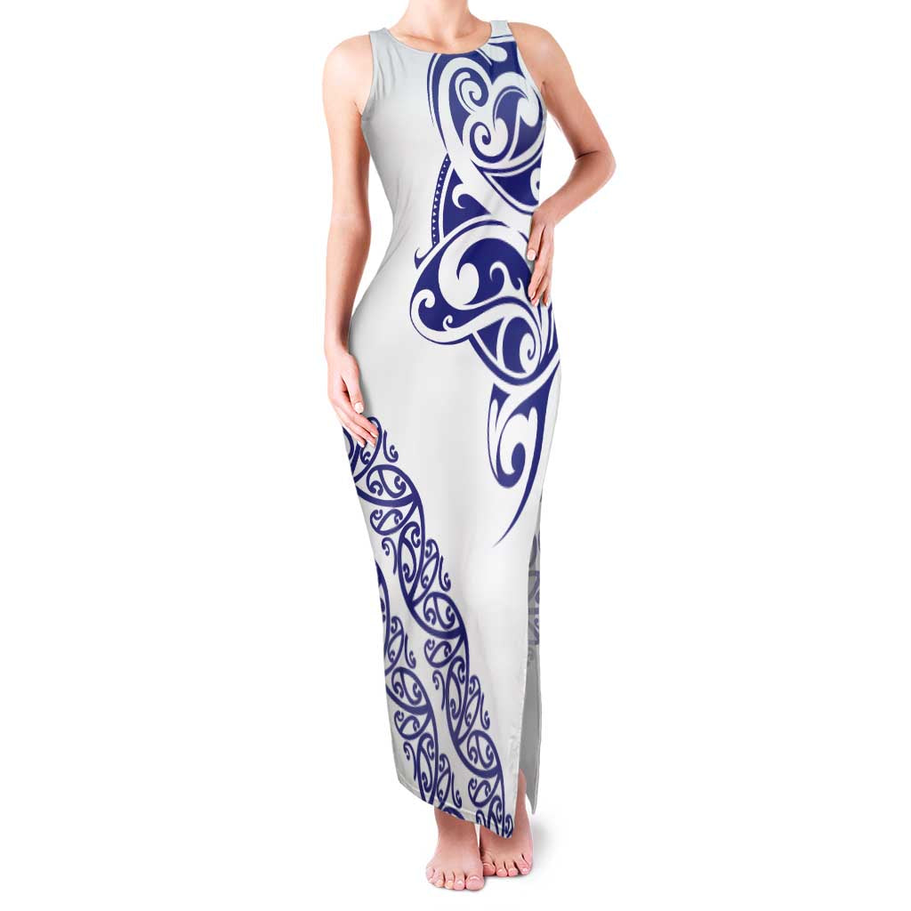 All White Maori Tribal Tattoo Personalised Family Matching Tank Maxi Dress and Hawaiian Shirt Dark Blue Polynesian Style LT9 Mom's Dress Blue - Polynesian Pride