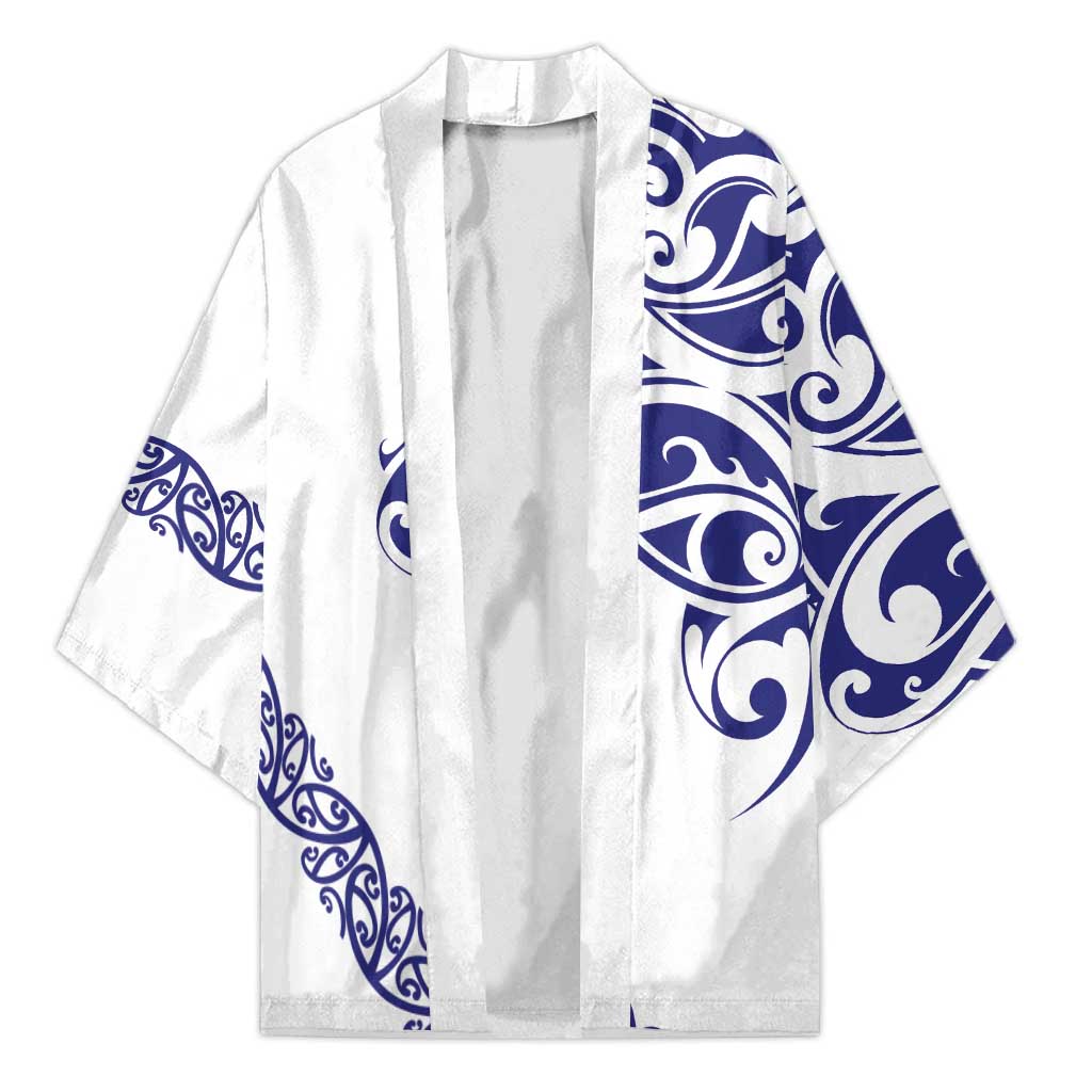 All White Maori Tribal Tattoo Personalised Kimono Dark Blue Polynesian Style - Polynesian Pride