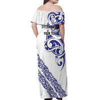 All White Maori Tribal Tattoo Personalised Off Shoulder Maxi Dress Dark Blue Polynesian Style - Polynesian Pride