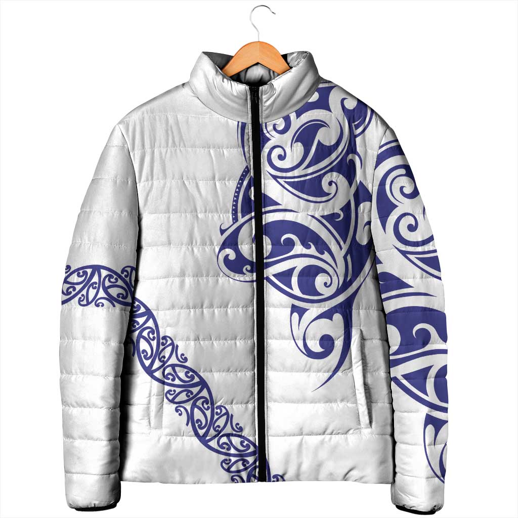 All White Maori Tribal Tattoo Personalised Padded Jacket Dark Blue Polynesian Style - Polynesian Pride