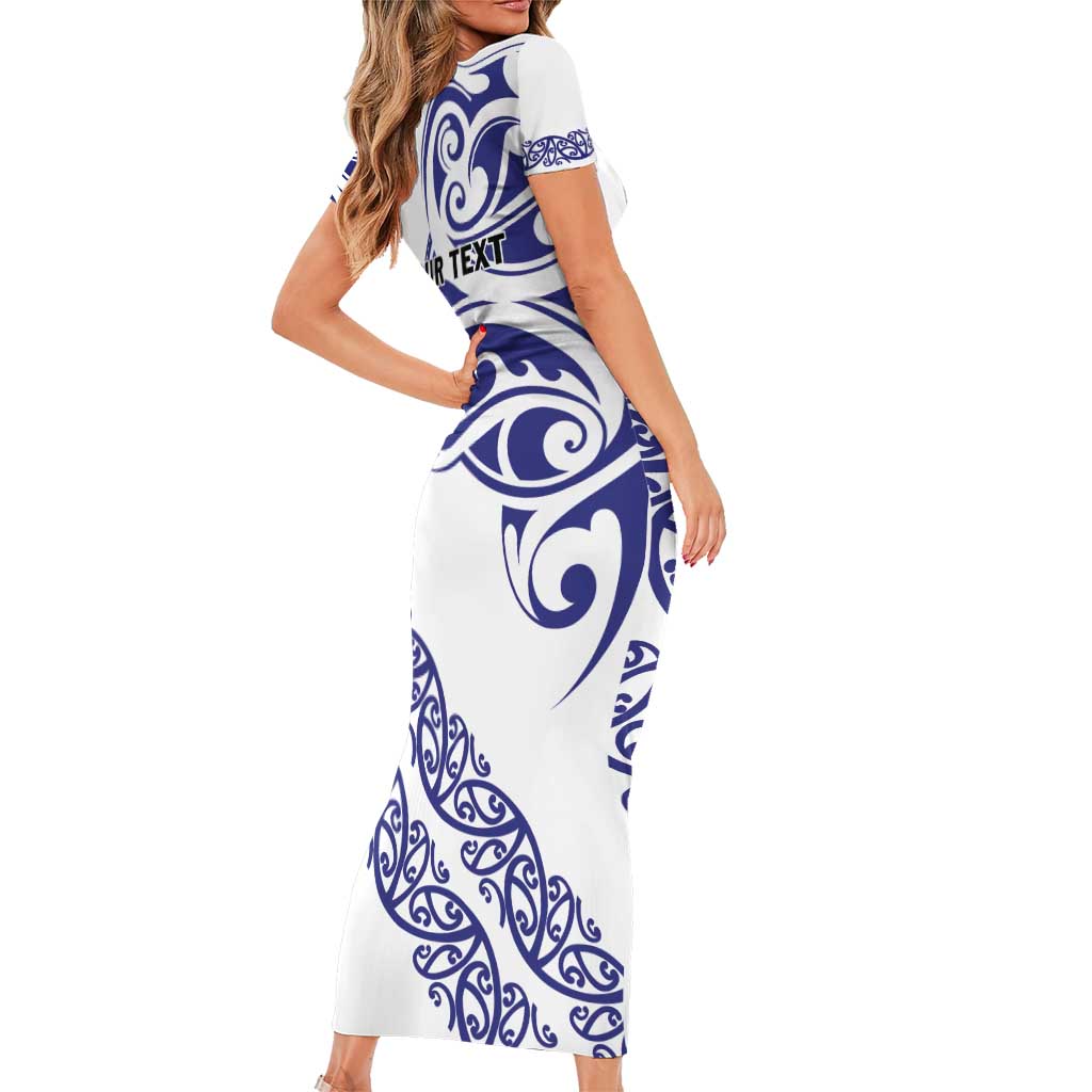 All White Maori Tribal Tattoo Personalised Short Sleeve Bodycon Dress Dark Blue Polynesian Style - Polynesian Pride