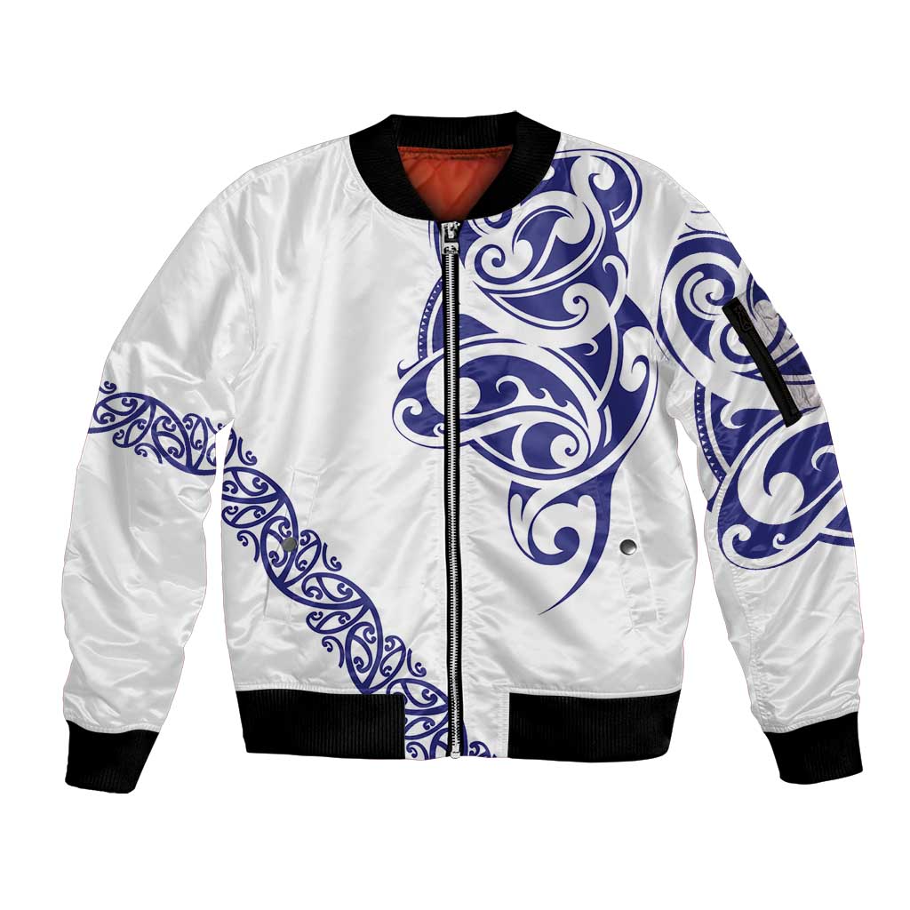 All White Maori Tribal Tattoo Personalised Sleeve Zip Bomber Jacket Dark Blue Polynesian Style - Polynesian Pride