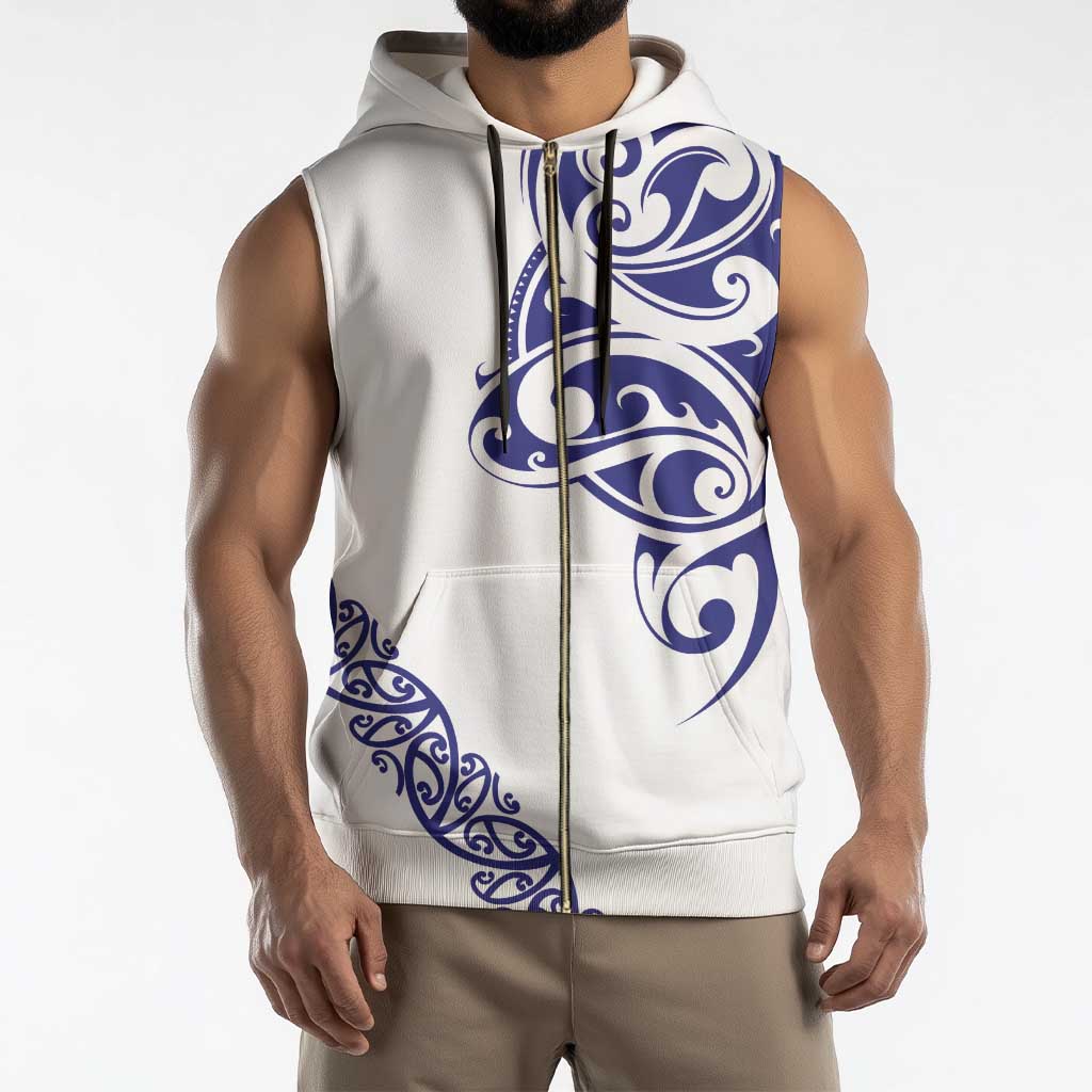 All White Maori Tribal Tattoo Personalised Sleeveless Zip Hoodie Dark Blue Polynesian Style - Polynesian Pride
