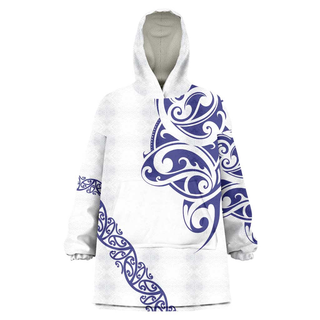 All White Maori Tribal Tattoo Personalised Wearable Blanket Hoodie Dark Blue Polynesian Style - Polynesian Pride