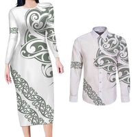 All White Maori Tribal Tattoo Personalised Couples Matching Long Sleeve Bodycon Dress and Long Sleeve Button Shirt Moss Green Polynesian Style - Polynesian Pride