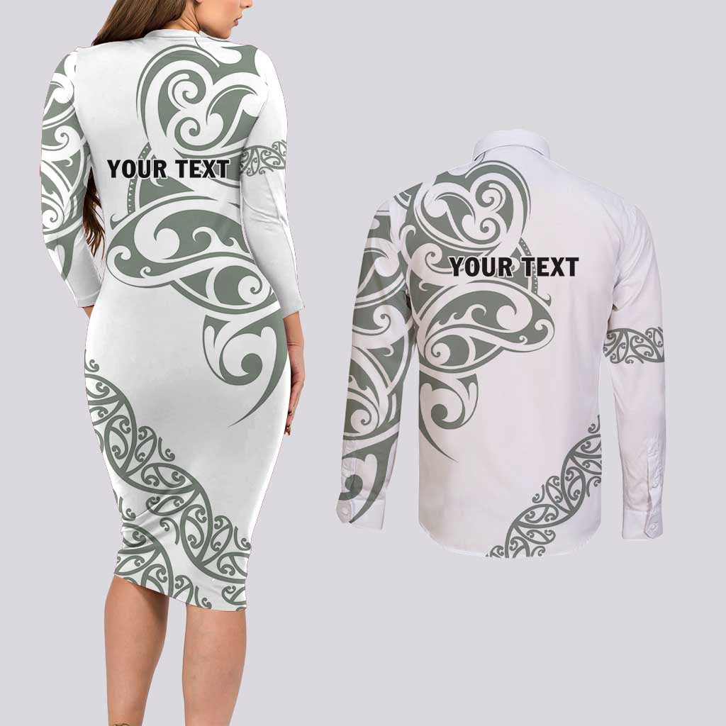 All White Maori Tribal Tattoo Personalised Couples Matching Long Sleeve Bodycon Dress and Long Sleeve Button Shirt Moss Green Polynesian Style - Polynesian Pride