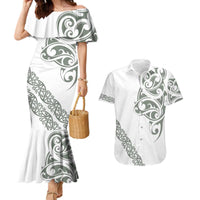 All White Maori Tribal Tattoo Personalised Couples Matching Mermaid Dress and Hawaiian Shirt Moss Green Polynesian Style - Polynesian Pride