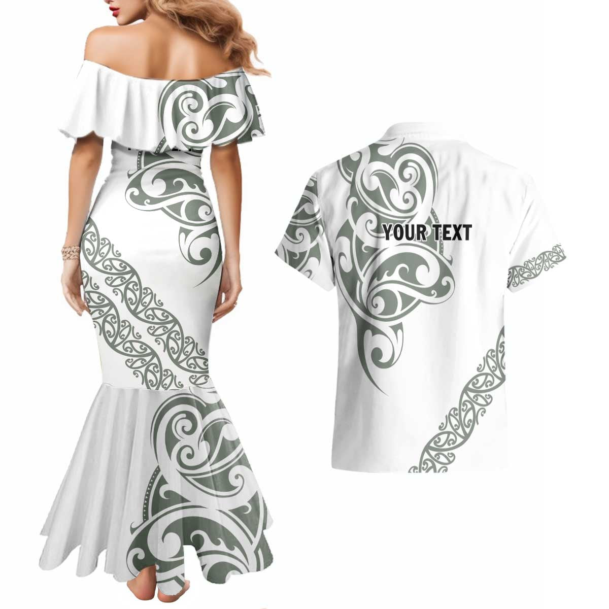 All White Maori Tribal Tattoo Personalised Couples Matching Mermaid Dress and Hawaiian Shirt Moss Green Polynesian Style - Polynesian Pride