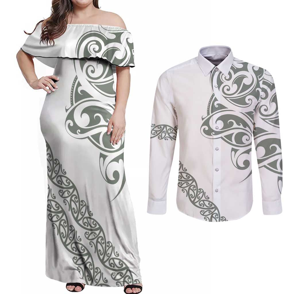 All White Maori Tribal Tattoo Personalised Couples Matching Off Shoulder Maxi Dress and Long Sleeve Button Shirt Moss Green Polynesian Style - Polynesian Pride