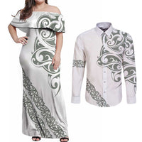 All White Maori Tribal Tattoo Personalised Couples Matching Off Shoulder Maxi Dress and Long Sleeve Button Shirt Moss Green Polynesian Style - Polynesian Pride