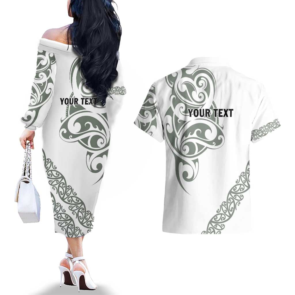 All White Maori Tribal Tattoo Personalised Couples Matching Off The Shoulder Long Sleeve Dress and Hawaiian Shirt Moss Green Polynesian Style LT9 - Polynesian Pride