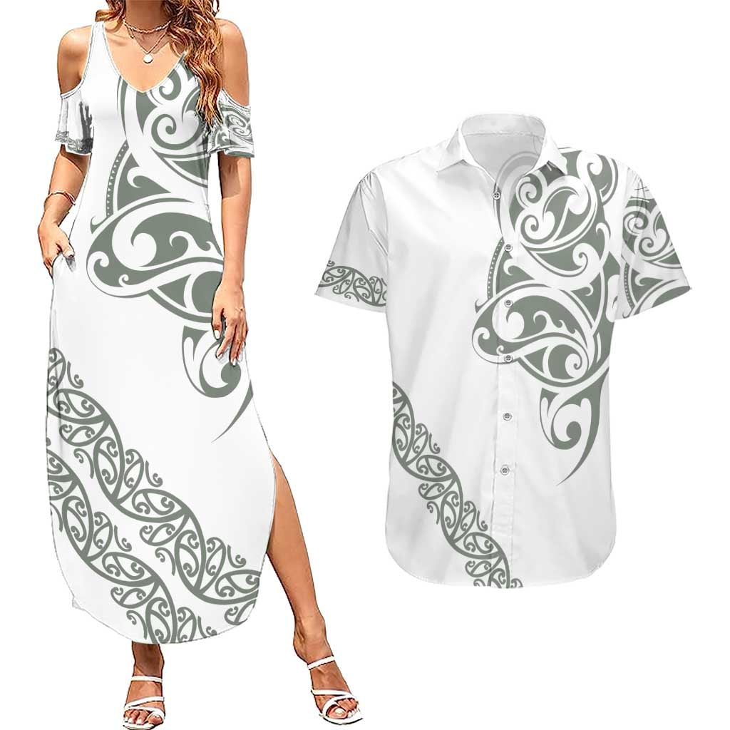 All White Maori Tribal Tattoo Personalised Couples Matching Summer Maxi Dress and Hawaiian Shirt Moss Green Polynesian Style - Polynesian Pride