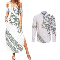 All White Maori Tribal Tattoo Personalised Couples Matching Summer Maxi Dress and Long Sleeve Button Shirt Moss Green Polynesian Style - Polynesian Pride