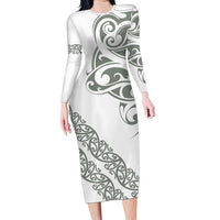 All White Maori Tribal Tattoo Personalised Family Matching Long Sleeve Bodycon Dress and Hawaiian Shirt Moss Green Polynesian Style LT9 Mom's Dress Green - Polynesian Pride