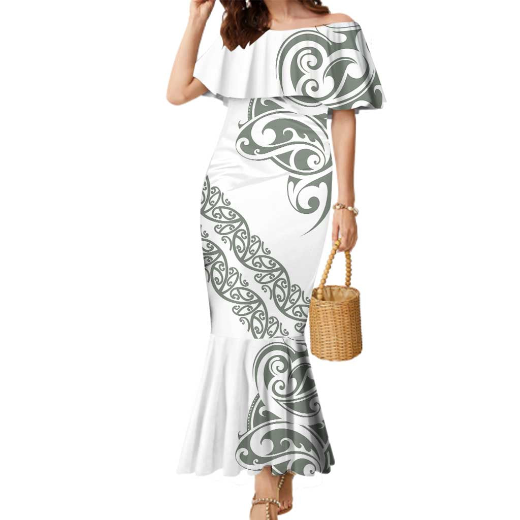 All White Maori Tribal Tattoo Personalised Family Matching Mermaid Dress and Hawaiian Shirt Moss Green Polynesian Style LT9 Mom's Dress Green - Polynesian Pride