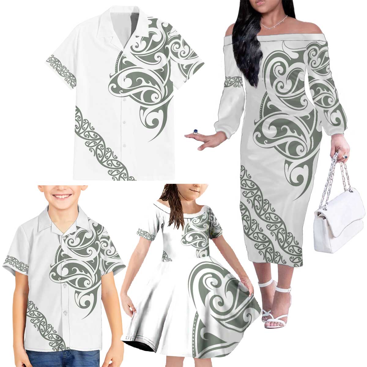 All White Maori Tribal Tattoo Personalised Family Matching Off The Shoulder Long Sleeve Dress and Hawaiian Shirt Moss Green Polynesian Style LT9 - Polynesian Pride