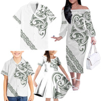 All White Maori Tribal Tattoo Personalised Family Matching Off The Shoulder Long Sleeve Dress and Hawaiian Shirt Moss Green Polynesian Style LT9 - Polynesian Pride