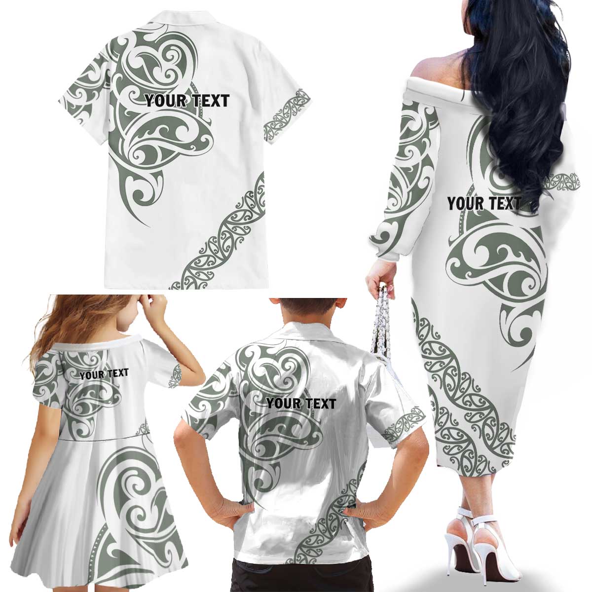 All White Maori Tribal Tattoo Personalised Family Matching Off The Shoulder Long Sleeve Dress and Hawaiian Shirt Moss Green Polynesian Style LT9 - Polynesian Pride