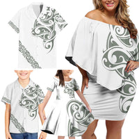 All White Maori Tribal Tattoo Personalised Family Matching Off Shoulder Short Dress and Hawaiian Shirt Moss Green Polynesian Style LT9 - Polynesian Pride