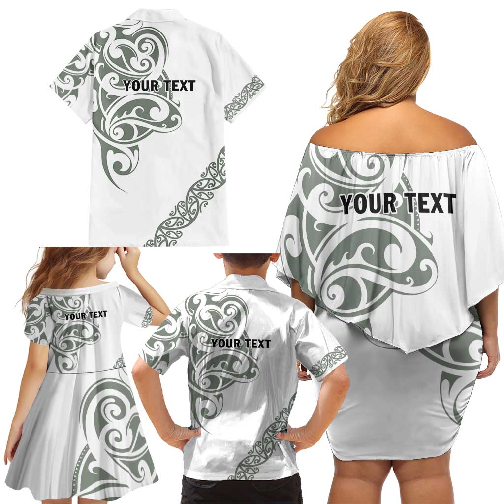 All White Maori Tribal Tattoo Personalised Family Matching Off Shoulder Short Dress and Hawaiian Shirt Moss Green Polynesian Style LT9 - Polynesian Pride