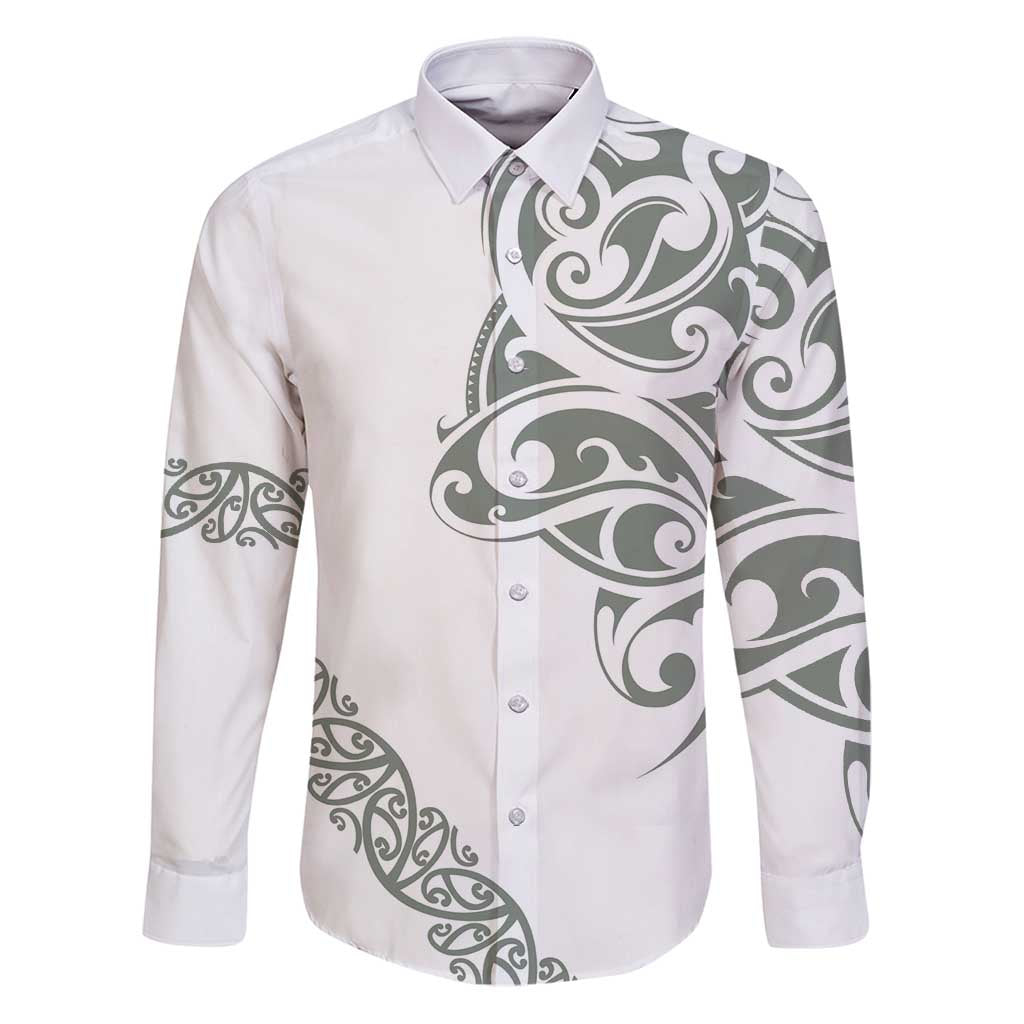 All White Maori Tribal Tattoo Personalised Family Matching Puletasi and Hawaiian Shirt Moss Green Polynesian Style LT9 Dad's Shirt - Long Sleeve Green - Polynesian Pride