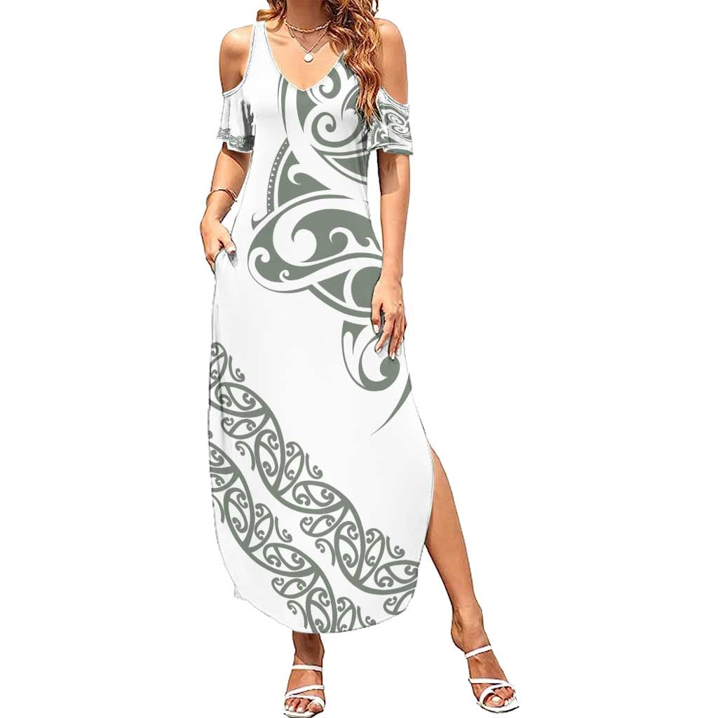 All White Maori Tribal Tattoo Personalised Family Matching Summer Maxi Dress and Hawaiian Shirt Moss Green Polynesian Style LT9 Mom's Dress Green - Polynesian Pride