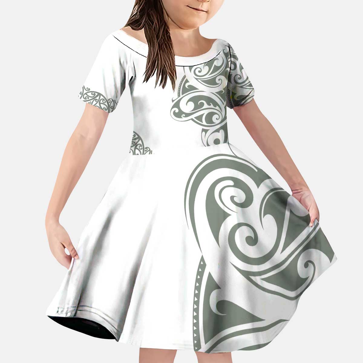 All White Maori Tribal Tattoo Personalised Kid Short Sleeve Dress Moss Green Polynesian Style - Polynesian Pride