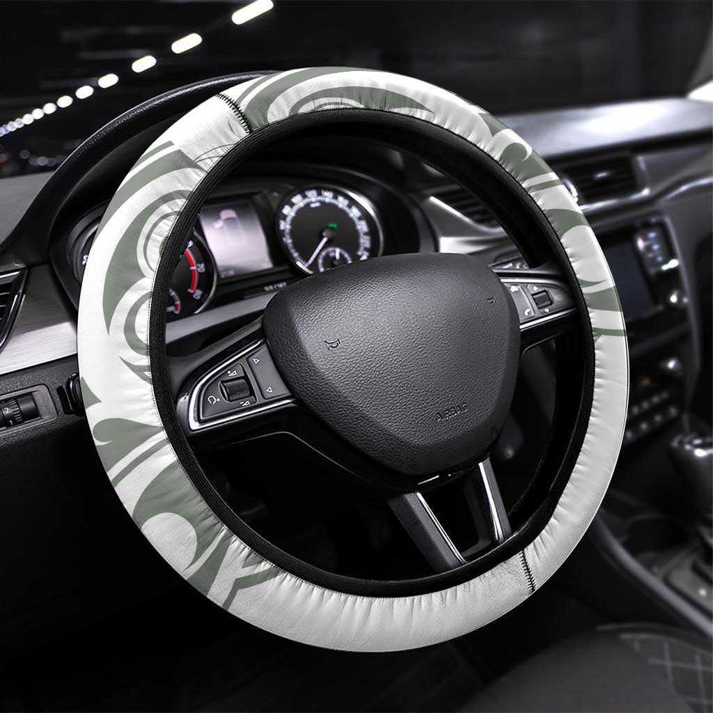 All White Maori Tribal Tattoo Steering Wheel Cover Moss Green Polynesian Style - Polynesian Pride