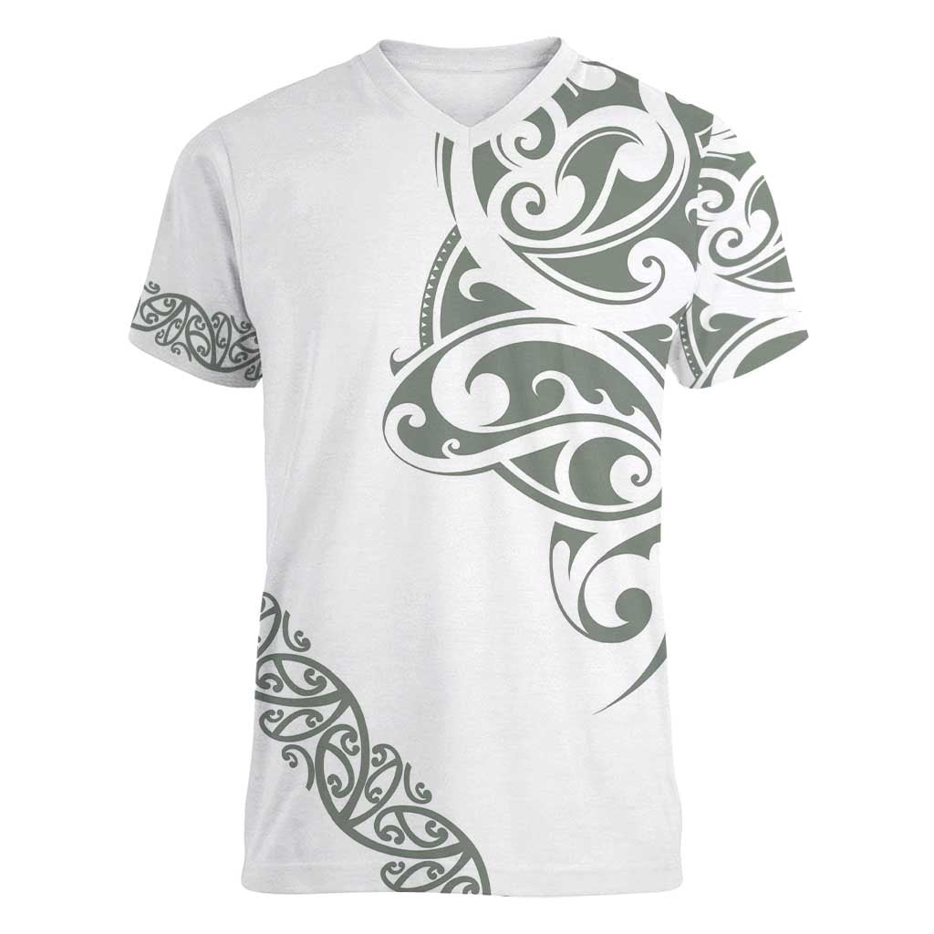 All White Maori Tribal Tattoo Personalised Women V-Neck T-Shirt Moss Green Polynesian Style - Polynesian Pride