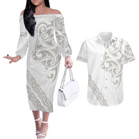 All White Maori Tribal Tattoo Personalised Couples Matching Off The Shoulder Long Sleeve Dress and Hawaiian Shirt Stone Gray Polynesian Style LT9 Gray - Polynesian Pride